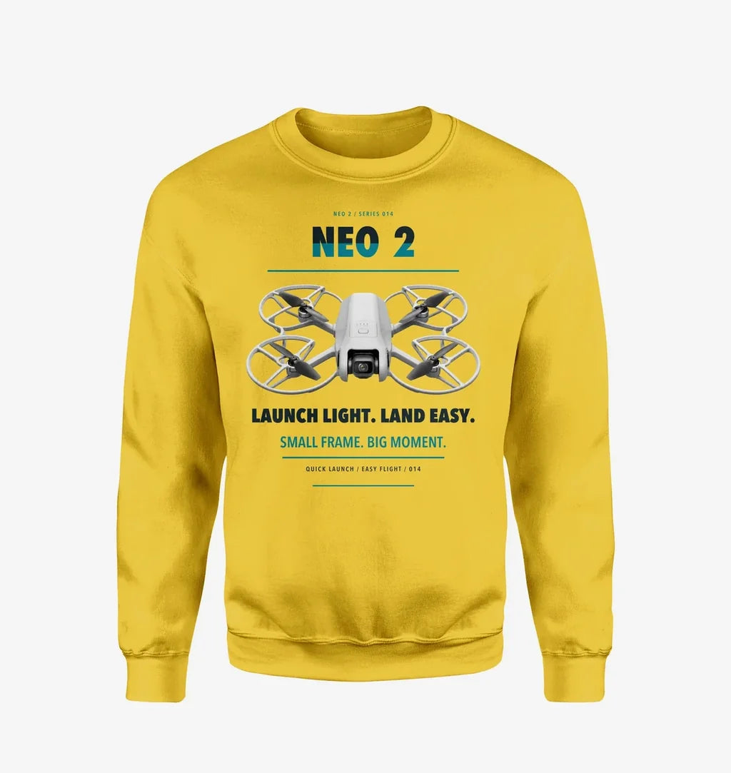 DJI Neo 2 design on yellow sweatshirt