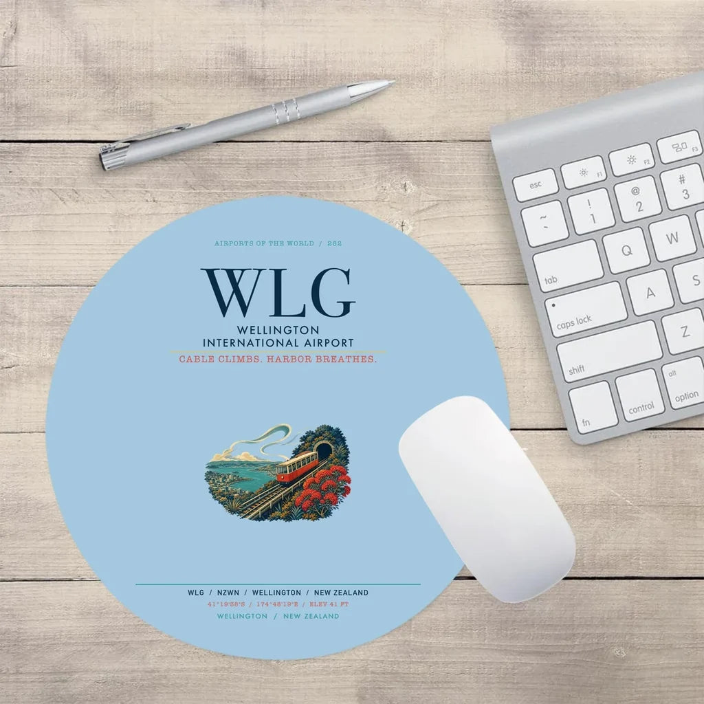 Wellington International Airport (WLG) design on light blue round mouse pad