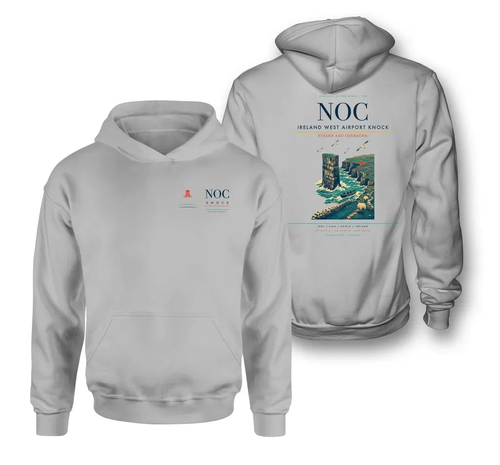 Ireland West Airport Knock (NOC) design on light gray double-side hoodie