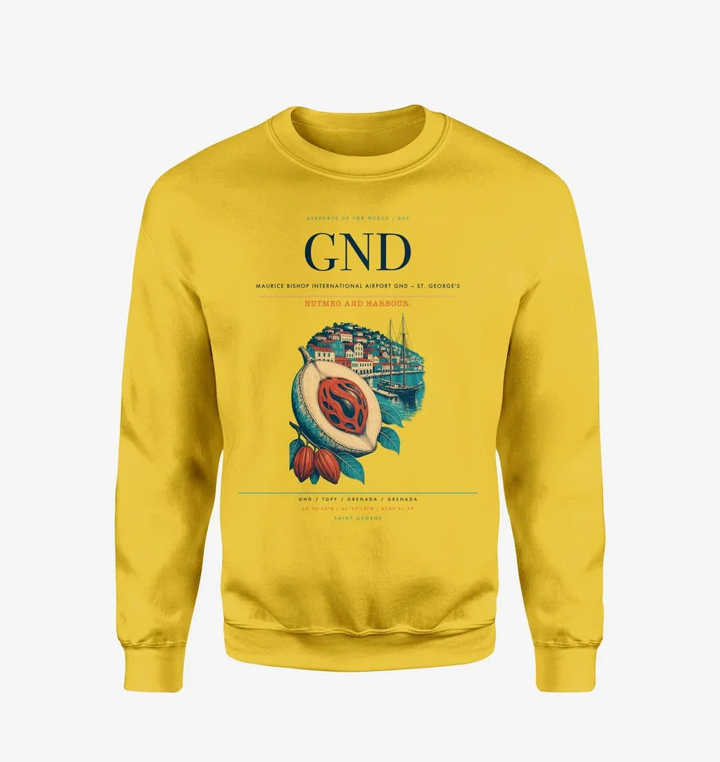 Maurice Bishop International Airport (GND) design on yellow sweatshirt