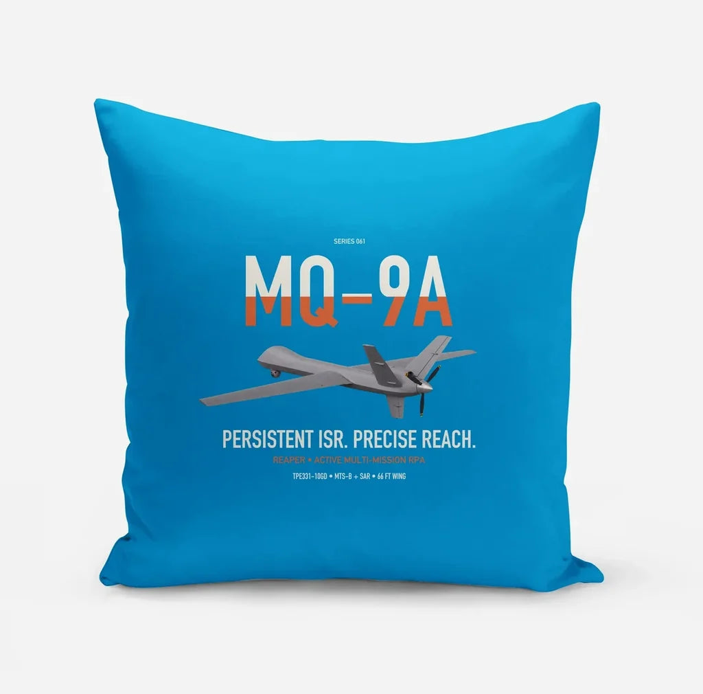MQ-9A Reaper design on turquoise pillow