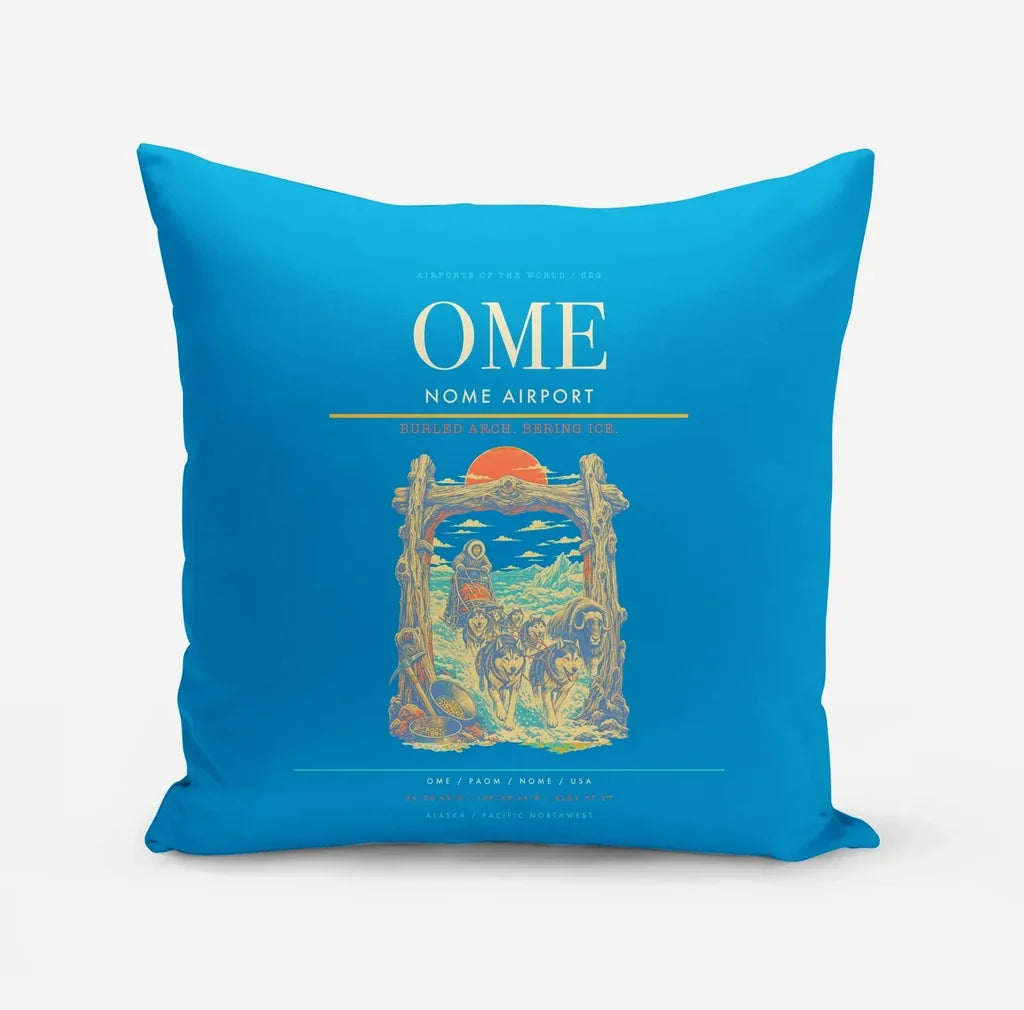 Nome Airport (OME) design on turquoise pillow