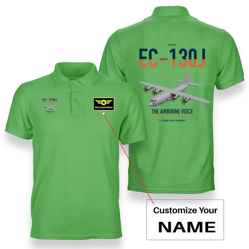 EC-130J Commando Solo III design on light green+name double-side polo t-shirt, double-side print