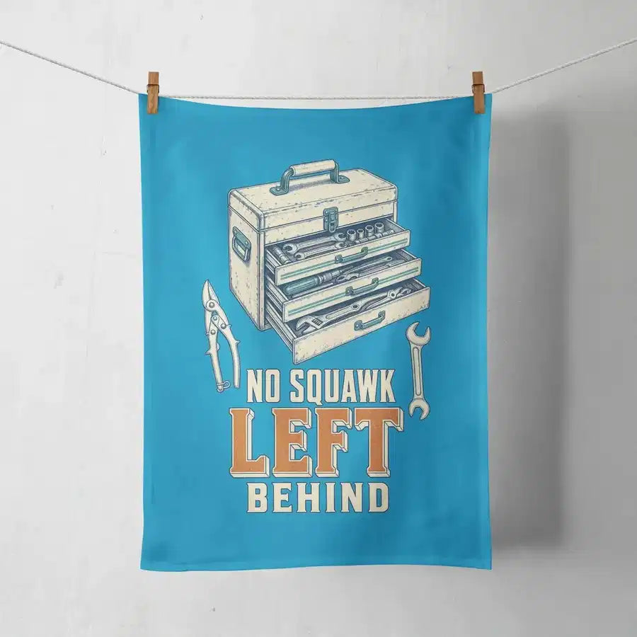 No Squawk Left Behind design on turquoise towel