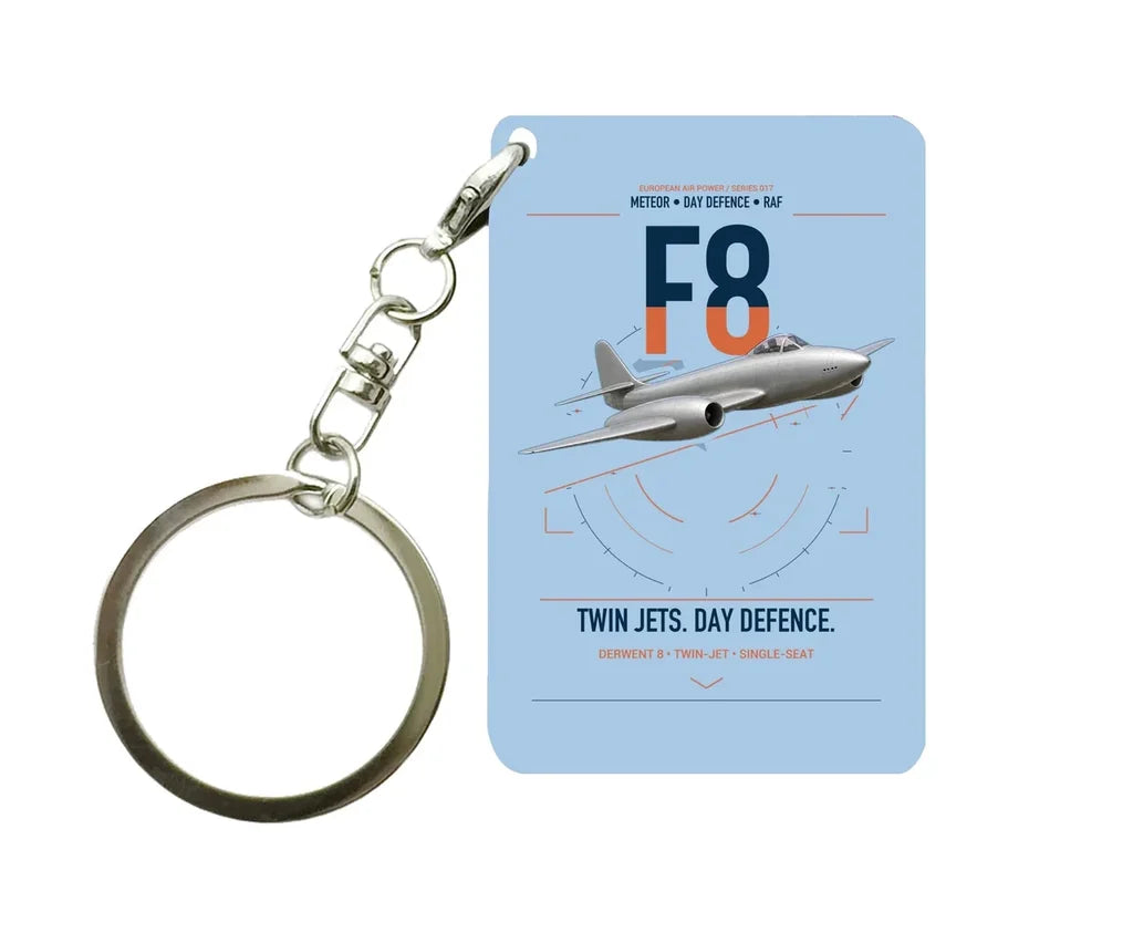 Gloster Meteor F8 design on light blue designed key chain, double-side print