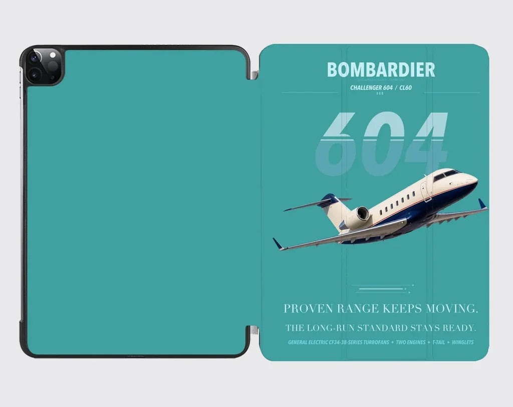 Bombardier Challenger 604 design on turquoise ipad tablet case