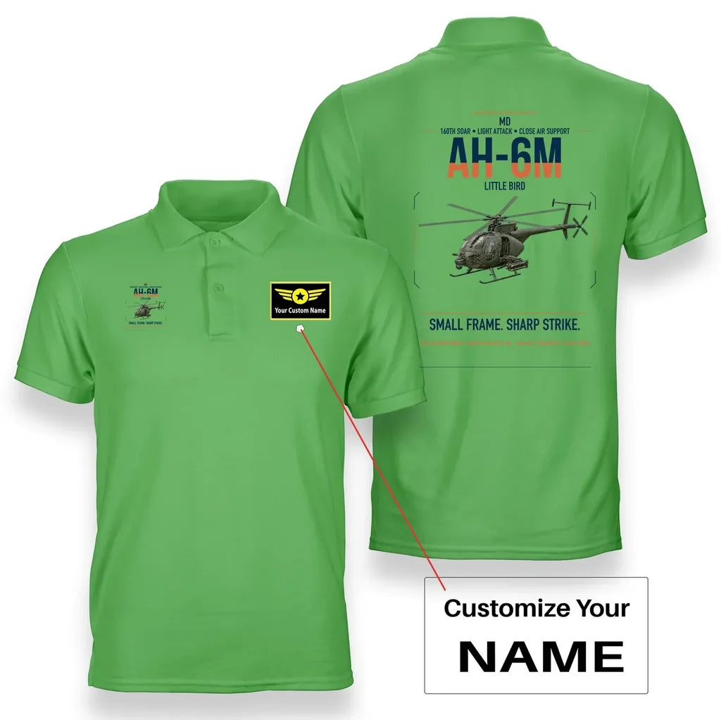 MD AH-6M Little Bird design on light green+name double-side polo t-shirt, double-side print