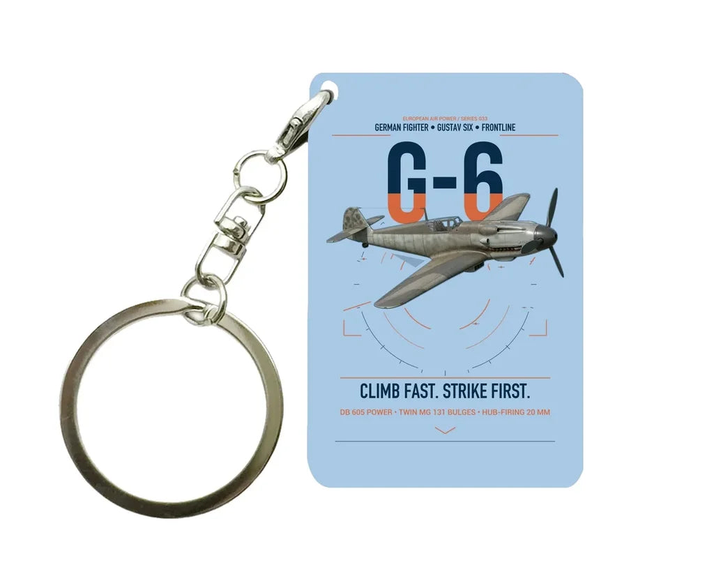 Messerschmitt Bf 109G-6 design on light blue designed key chain, double-side print