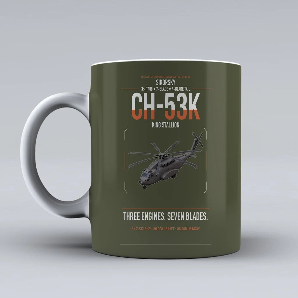 Sikorsky CH-53K King Stallion design on green army ceramic mug, double-side print