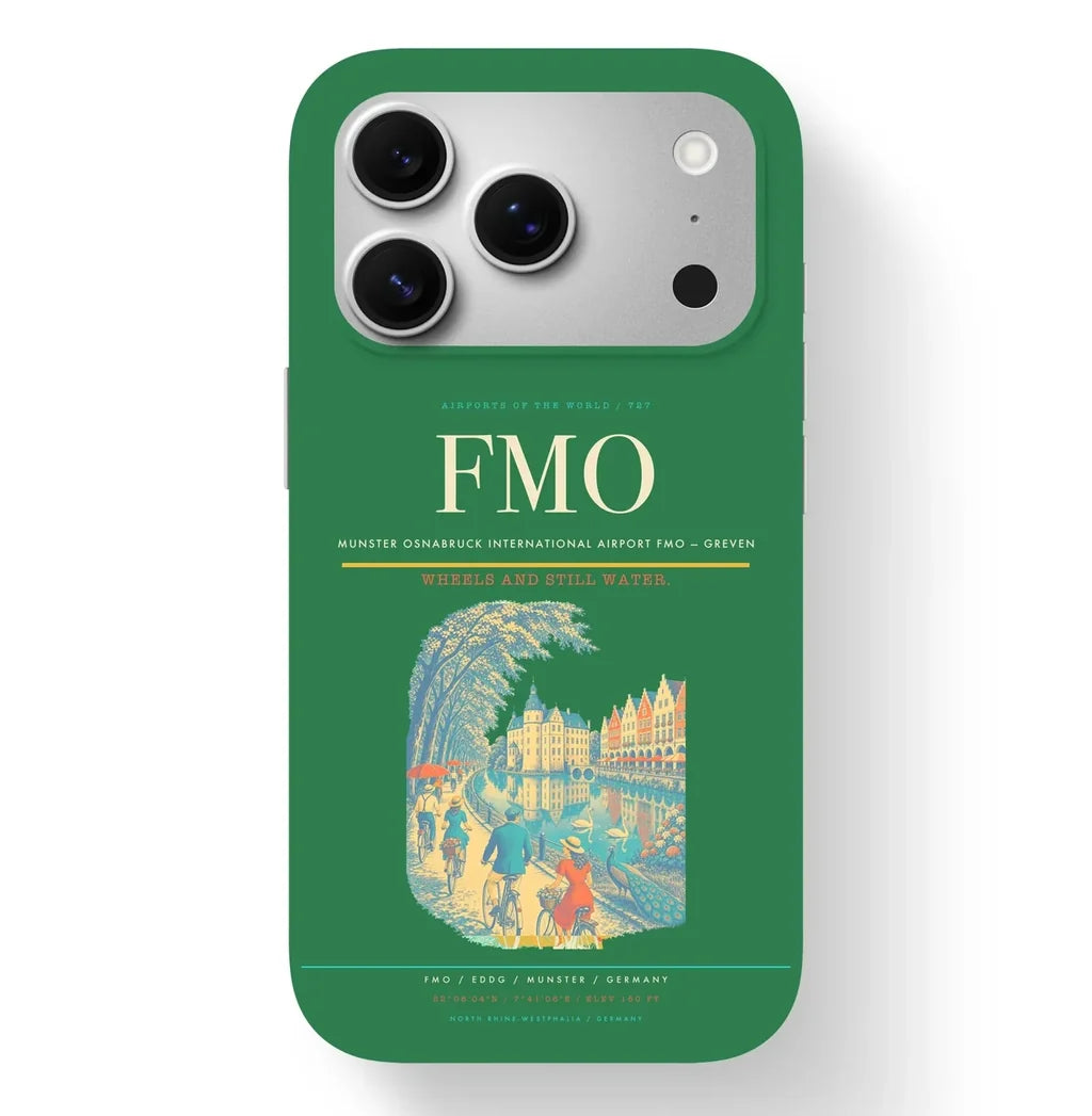 Greven Airport (FMO) design on green iPhone 17 Pro MagSafe case