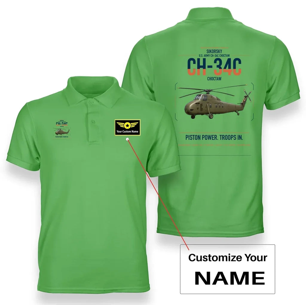 Sikorsky CH-34C Choctaw design on light green+name double-side polo t-shirt, double-side print