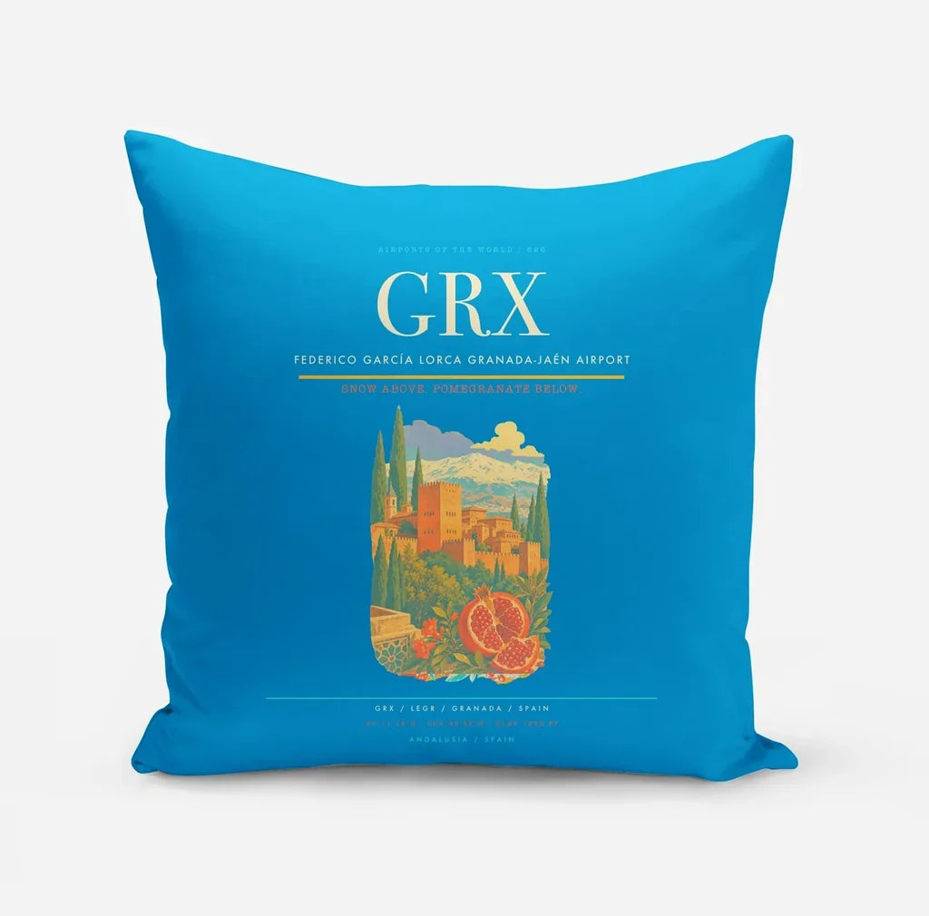 Federico García Lorca Granada-Jaén Airport (GRX) design on turquoise pillow