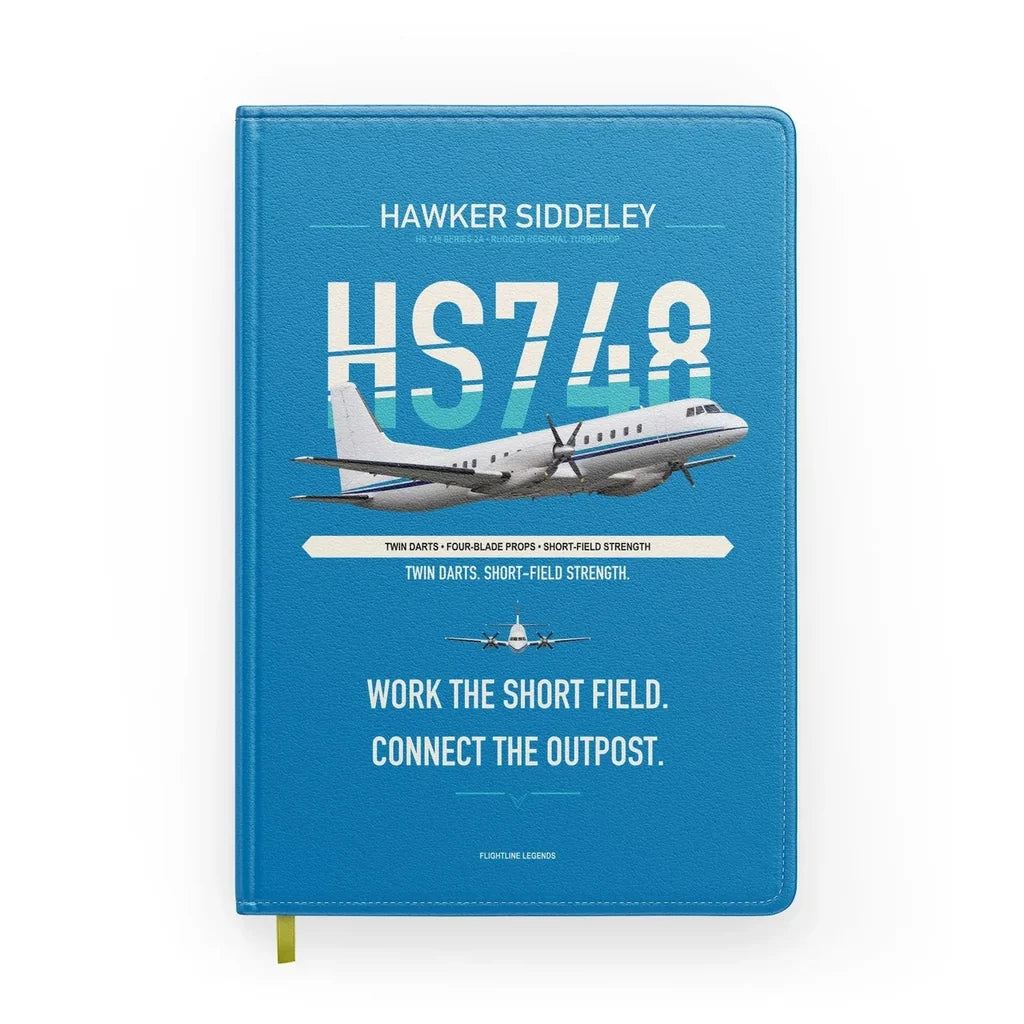 Hawker Siddeley HS 748 Series 2A design on turquoise notebook