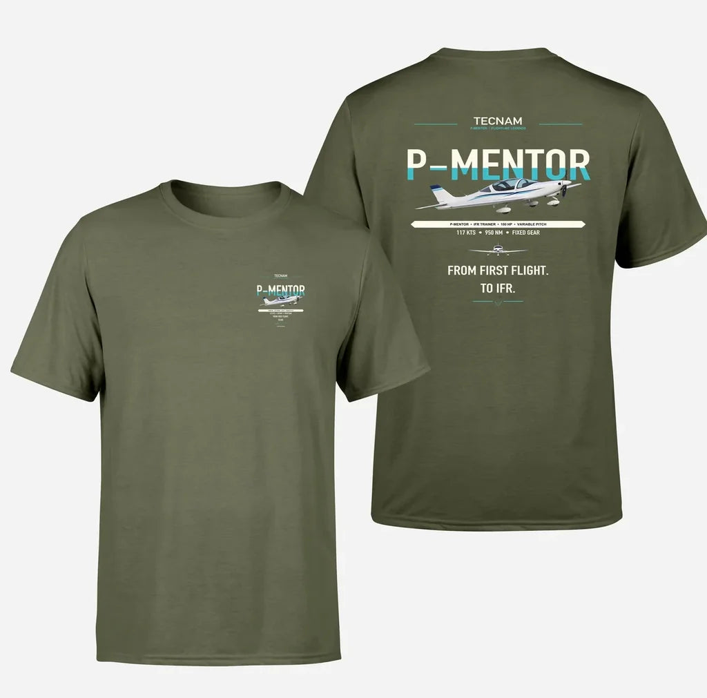 Tecnam P-Mentor design on green army t-shirt, double-side print