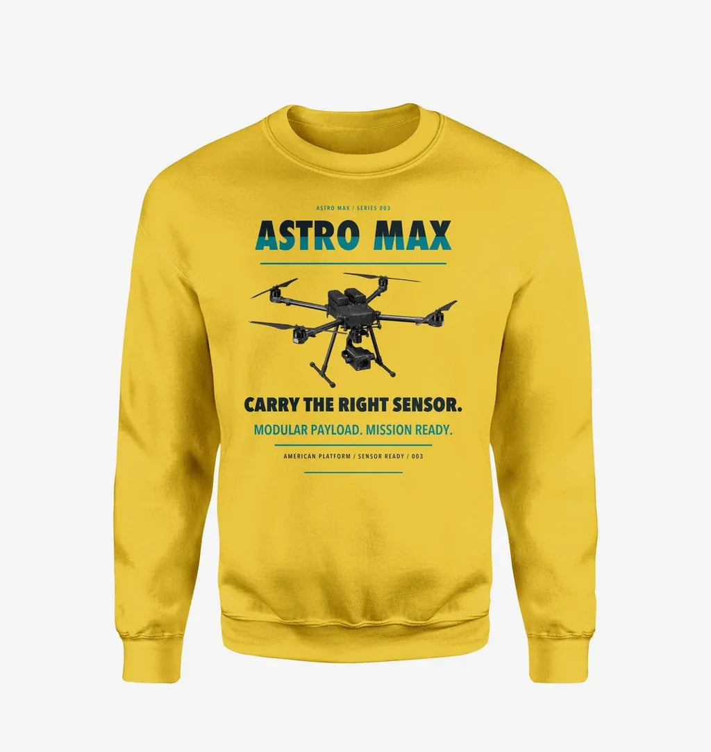 Freefly Astro Max design on yellow sweatshirt