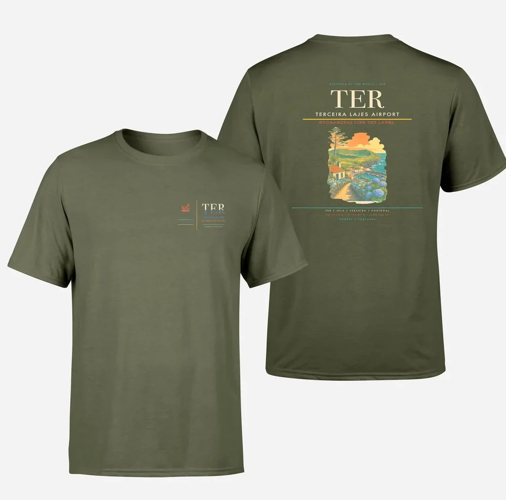 Terceira Lajes Airport (TER) design printed on green army double-side t-shirt