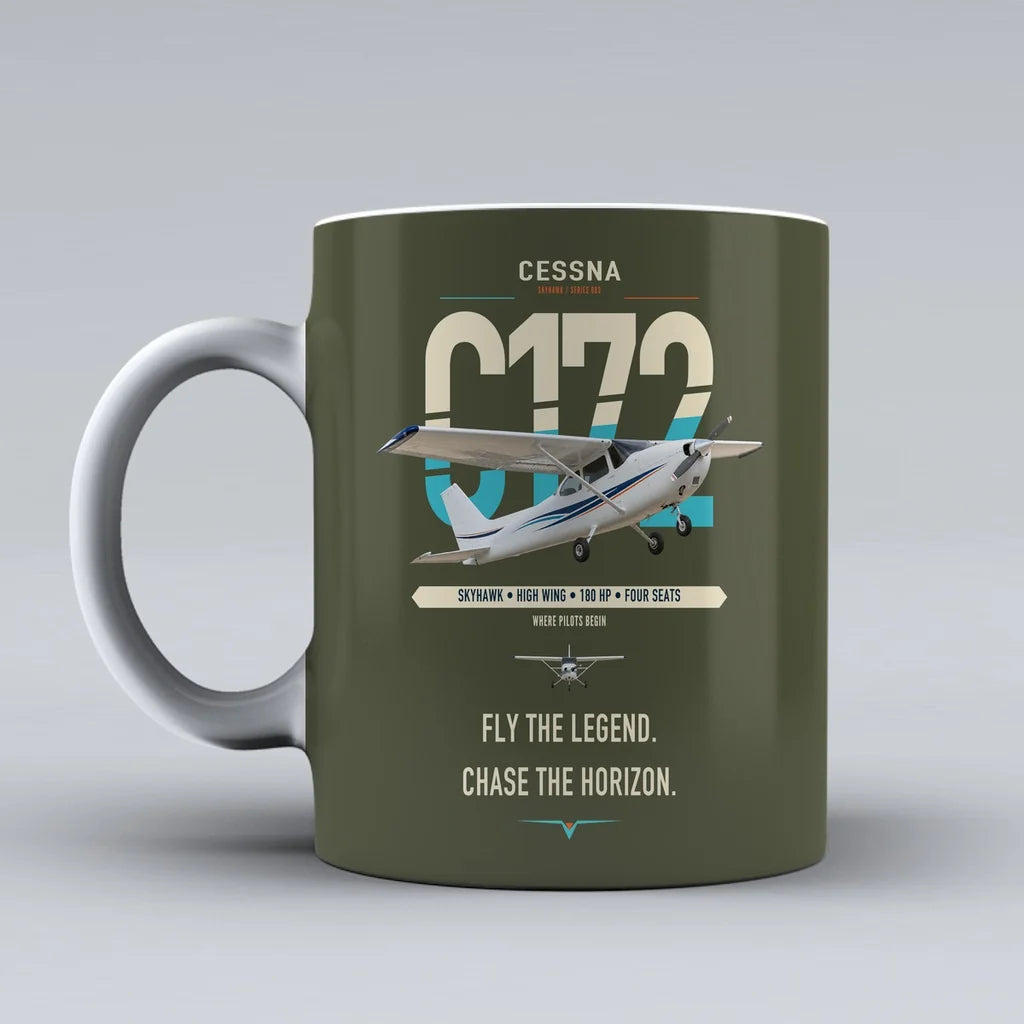 Cessna 172 Skyhawk design on green army ceramic mug, double-side print