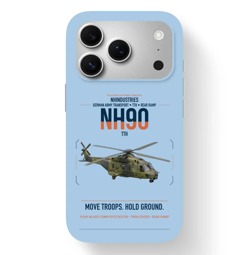 NHIndustries NH90 TTH design on light blue magsafe iphone case, for iPhone 17 Pro