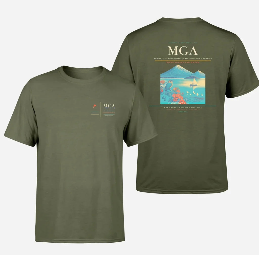 Augusto C. Sandino International Airport (MGA) design printed on green army double-side t-shirt
