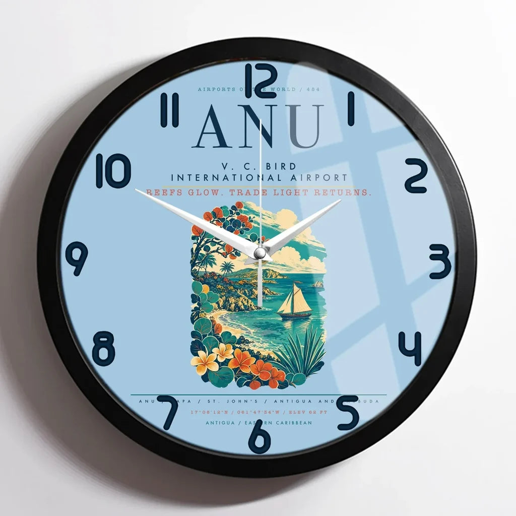 V. C. Bird International Airport (ANU) design on light blue framed wall clock
