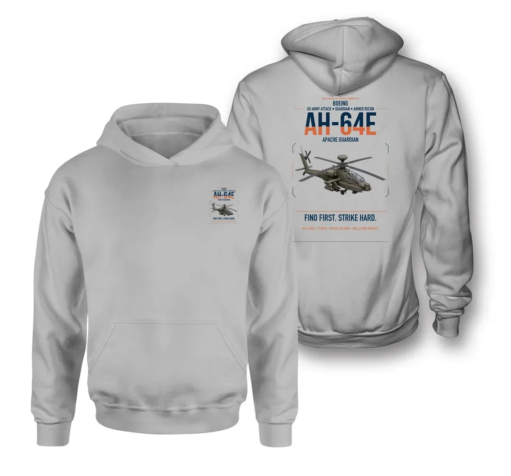 Boeing AH-64E Apache Guardian design on light gray double-side hoodie, double-side print