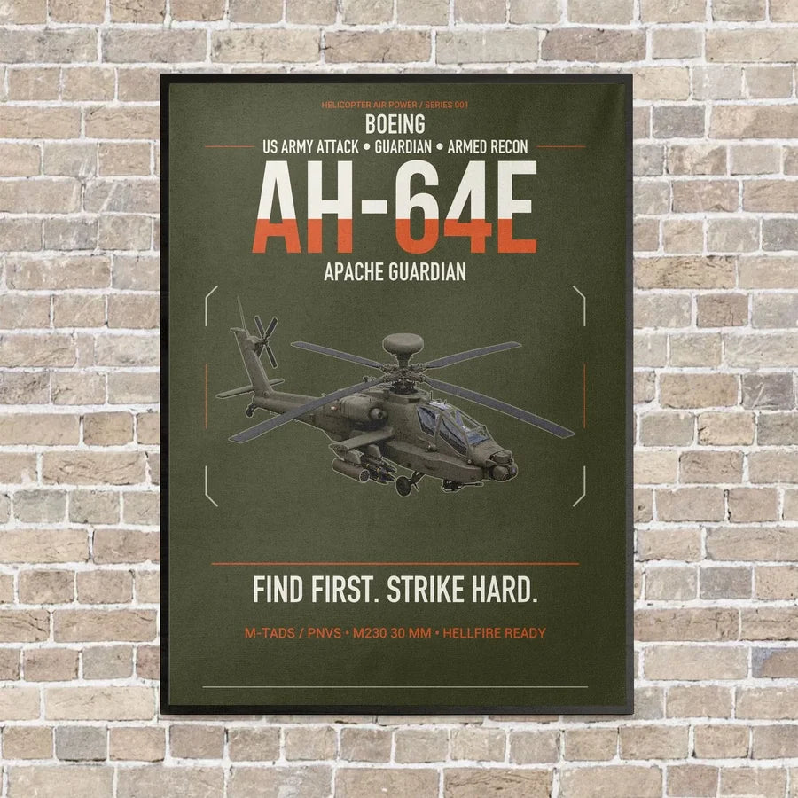 Boeing AH-64E Apache Guardian vertical canvas print - framed - green army background