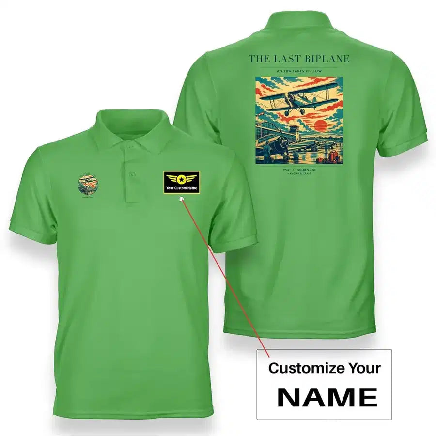 VINTAGE G4054 - The Last Biplane - Double-Side Polo T-Shirt design on lightgreen+name