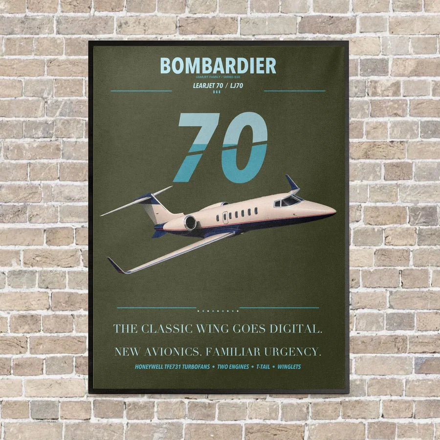 Bombardier Learjet 70 vertical canvas print - framed - green army background