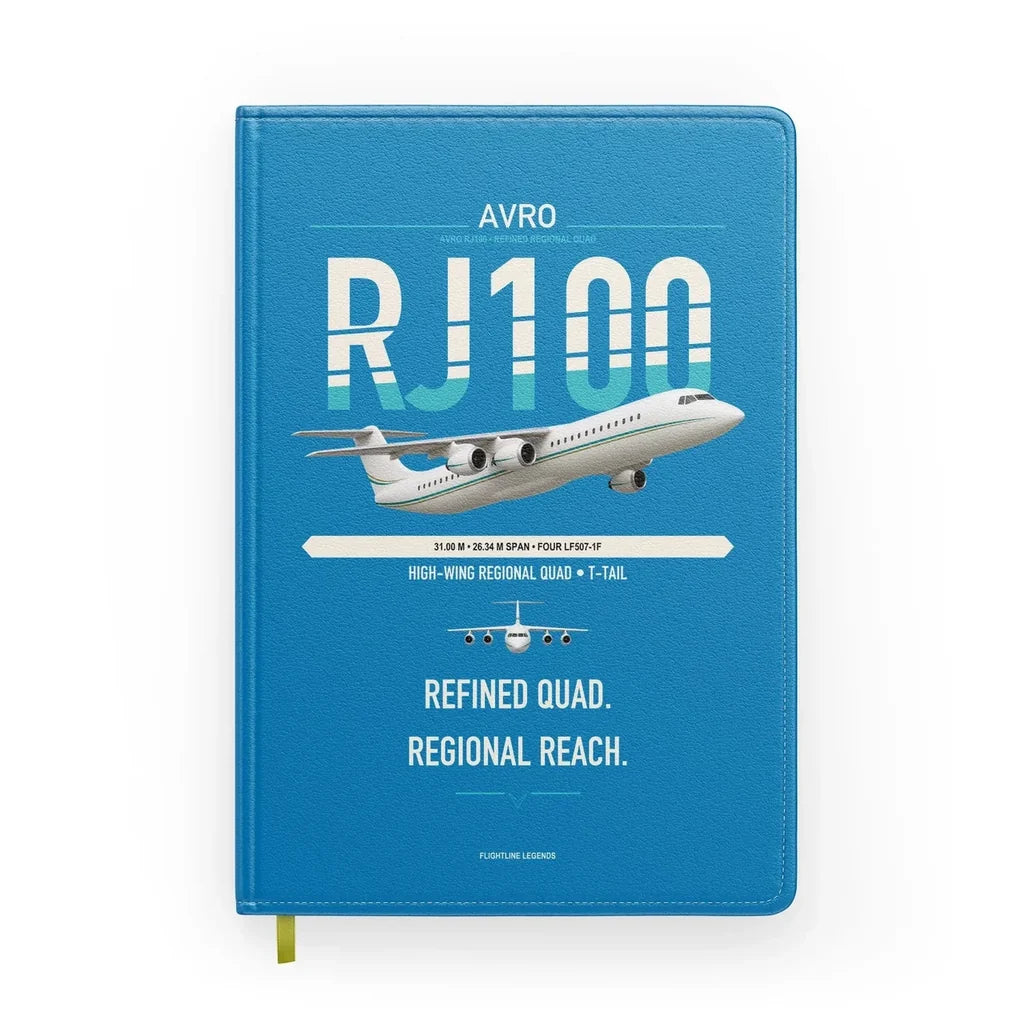 Avro RJ100 design on turquoise notebook