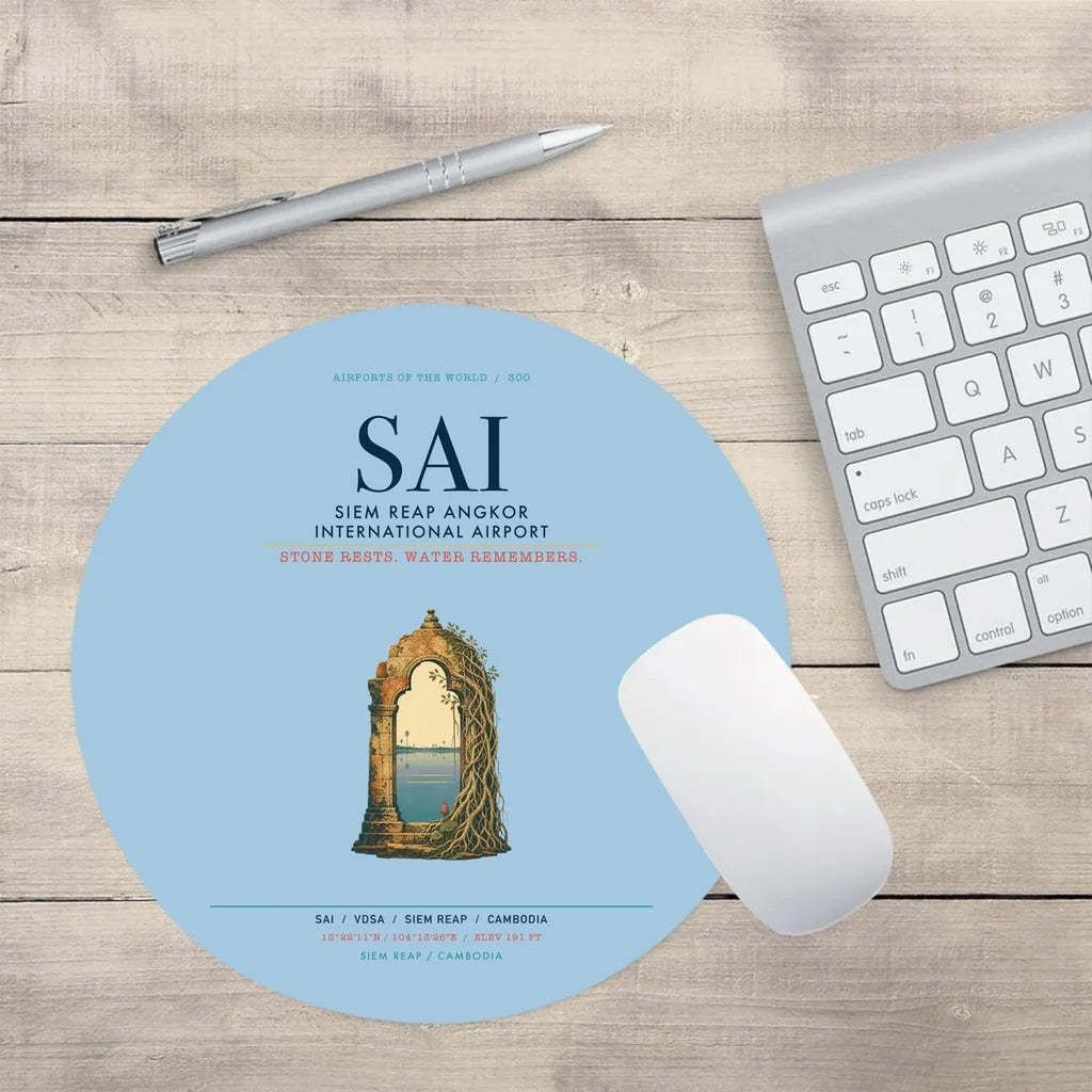 Siem Reap Angkor International Airport (SAI) design on light blue round mouse pad