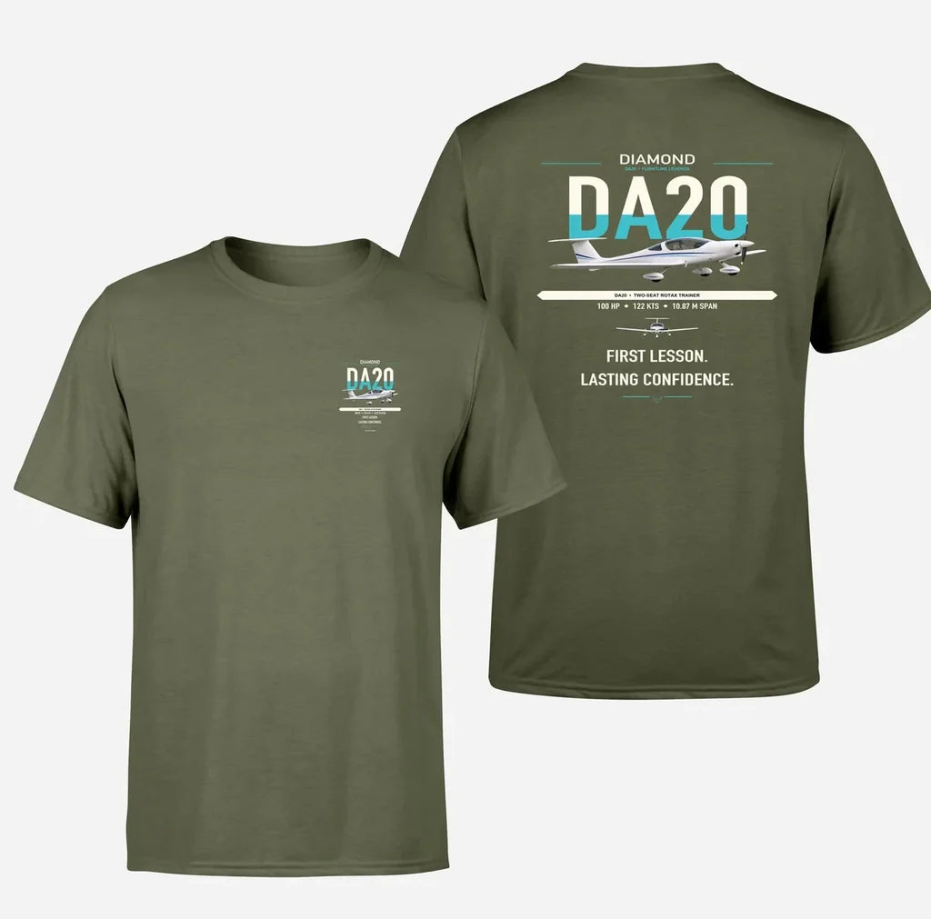 Diamond DA20 design on green army t-shirt, double-side print