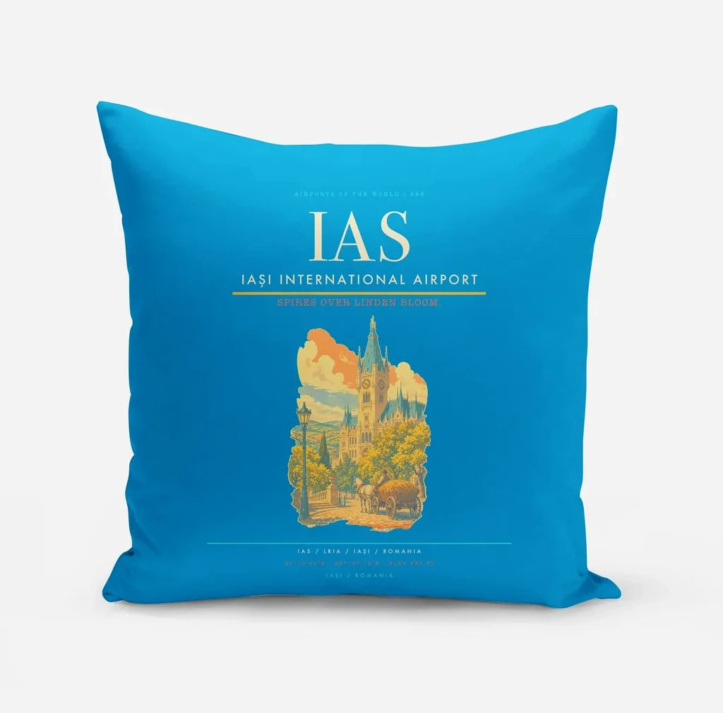 Iași International Airport (IAS) design on turquoise pillow