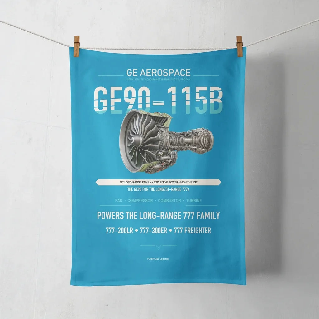 GE90-115B design on turquoise towel