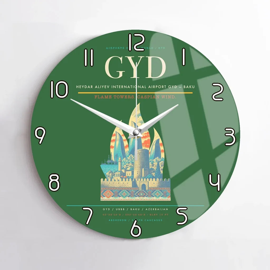 Heydar Aliyev International Airport (GYD) design on green no frame wall clock