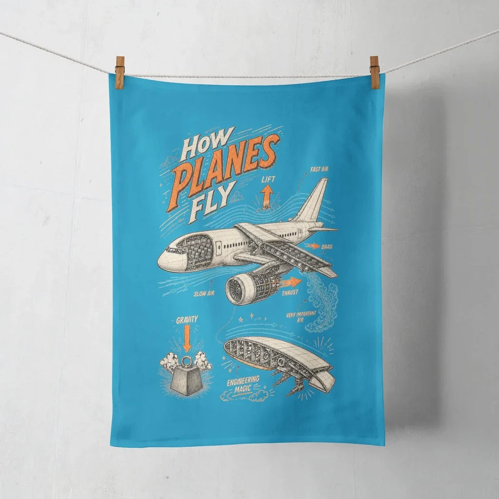 How Planes Fly V2 design on turquoise towel