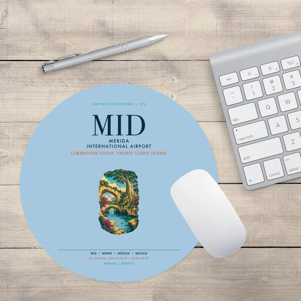 Merida International Airport (MID) design on light blue round mouse pad