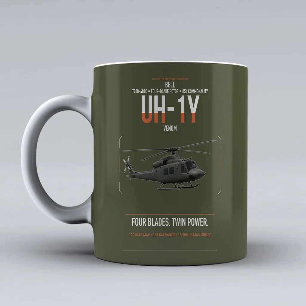 Bell UH-1Y Venom design on green army ceramic mug, double-side print