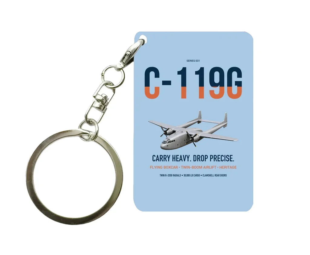C-119G Flying Boxcar design on light blue designed key chain, double-side print