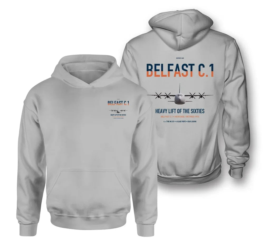 Short Belfast C.1 design on light gray double-side hoodie, double-side print