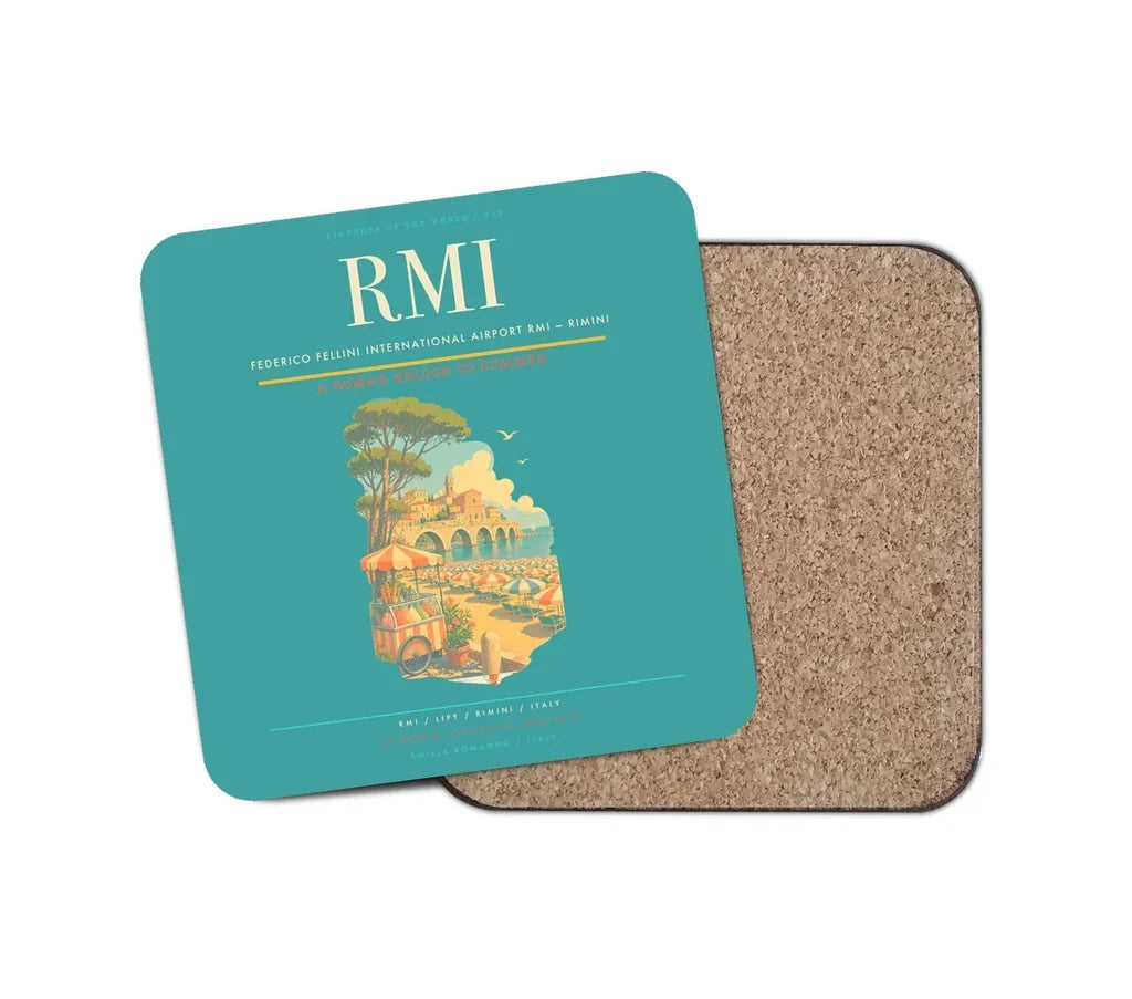 Federico Fellini International Airport (RMI) design on turquoise 1 piece coaster