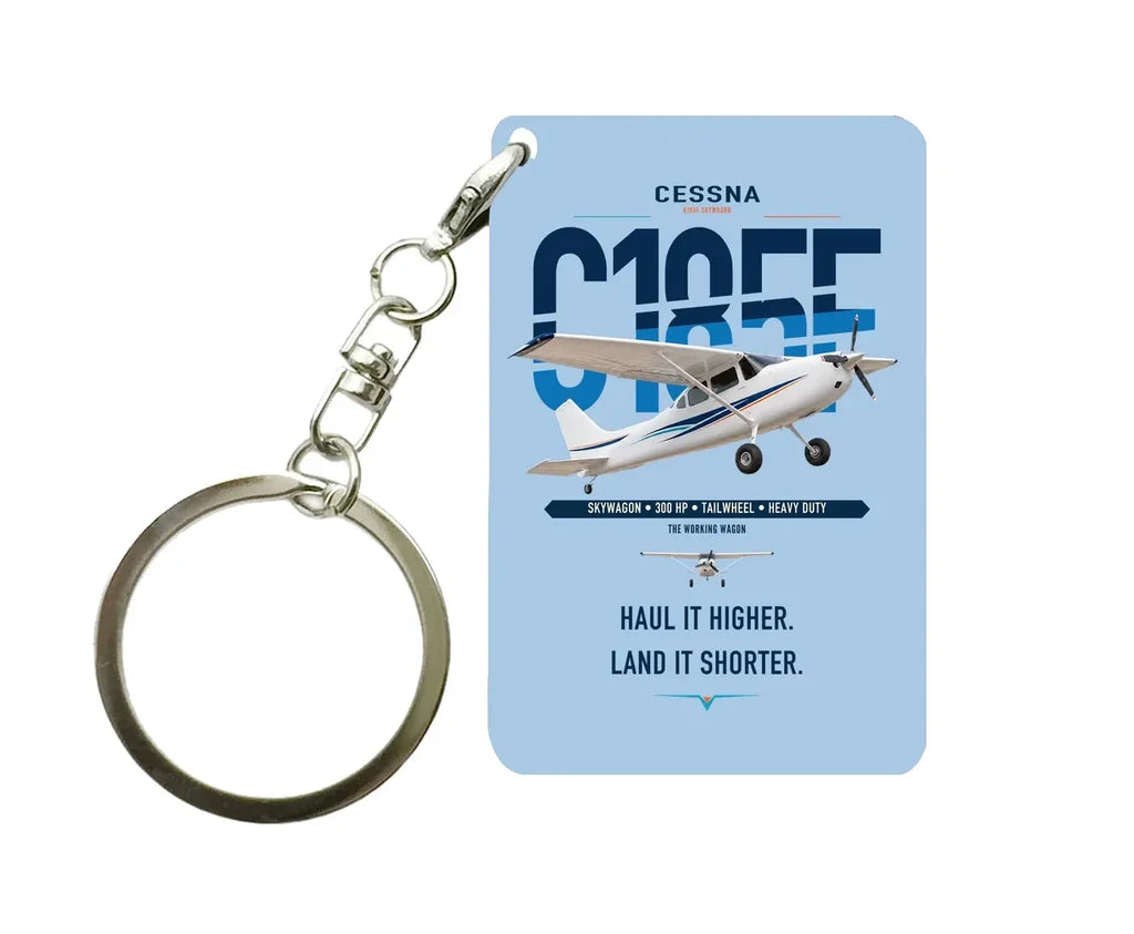 Cessna A185F Skywagon design on light blue designed key chain, double-side print