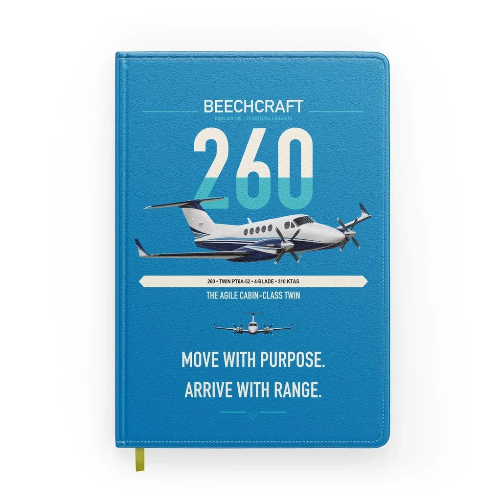 Beechcraft King Air 260 design on turquoise notebook