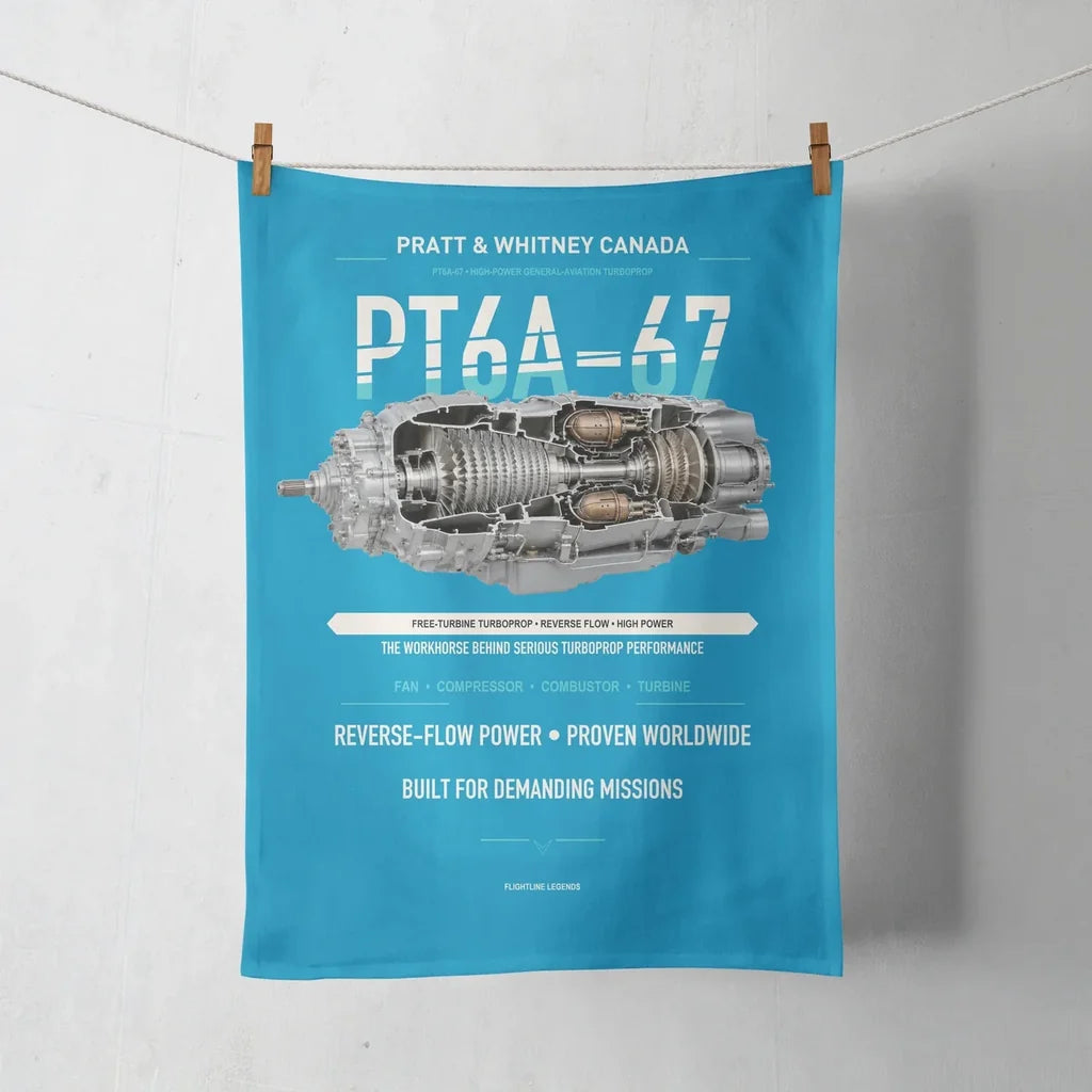 PT6A-67 design on turquoise towel