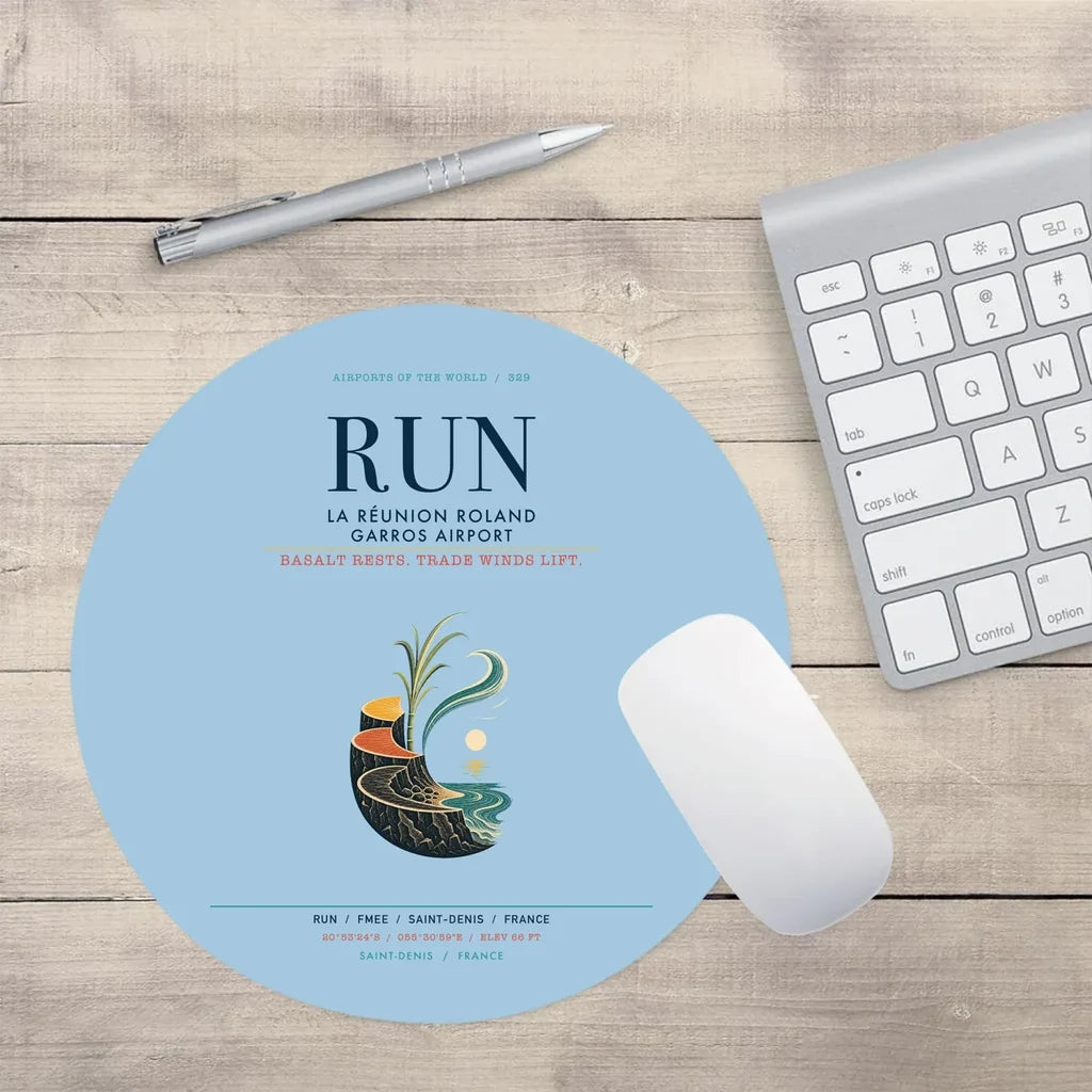La Réunion Roland Garros Airport (RUN) design on light blue round mouse pad