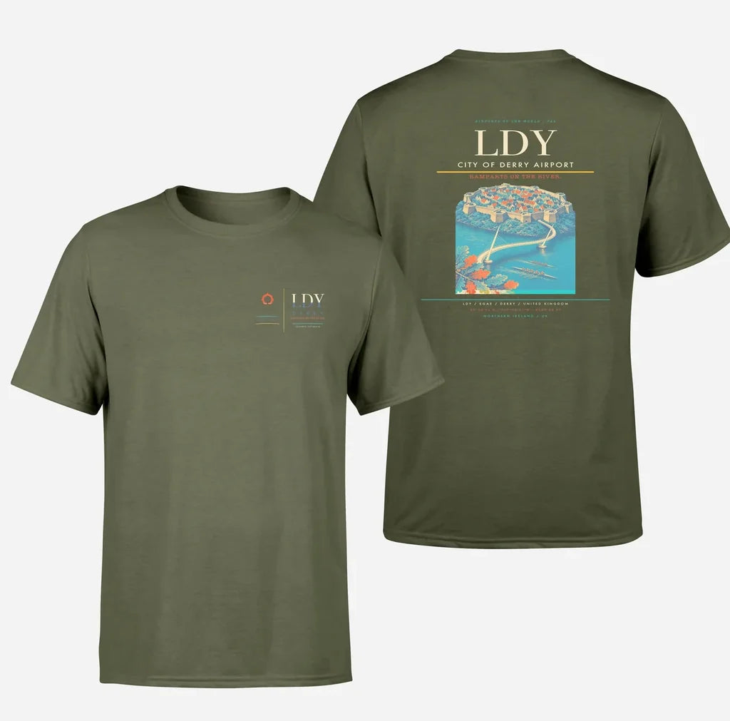City of Derry Airport (LDY) design printed on green army double-side t-shirt