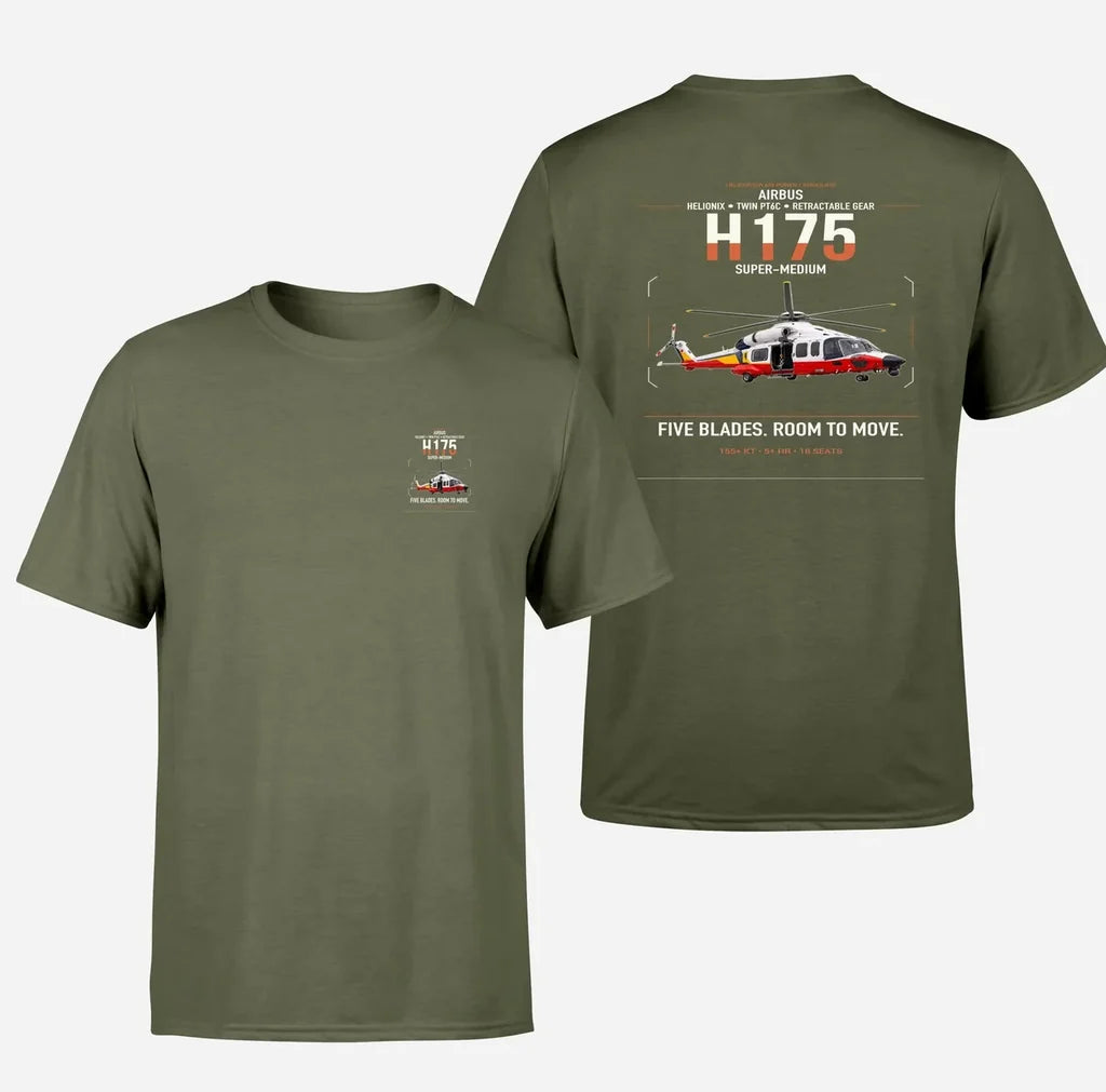 Airbus H175 design on green army t-shirt, double-side print