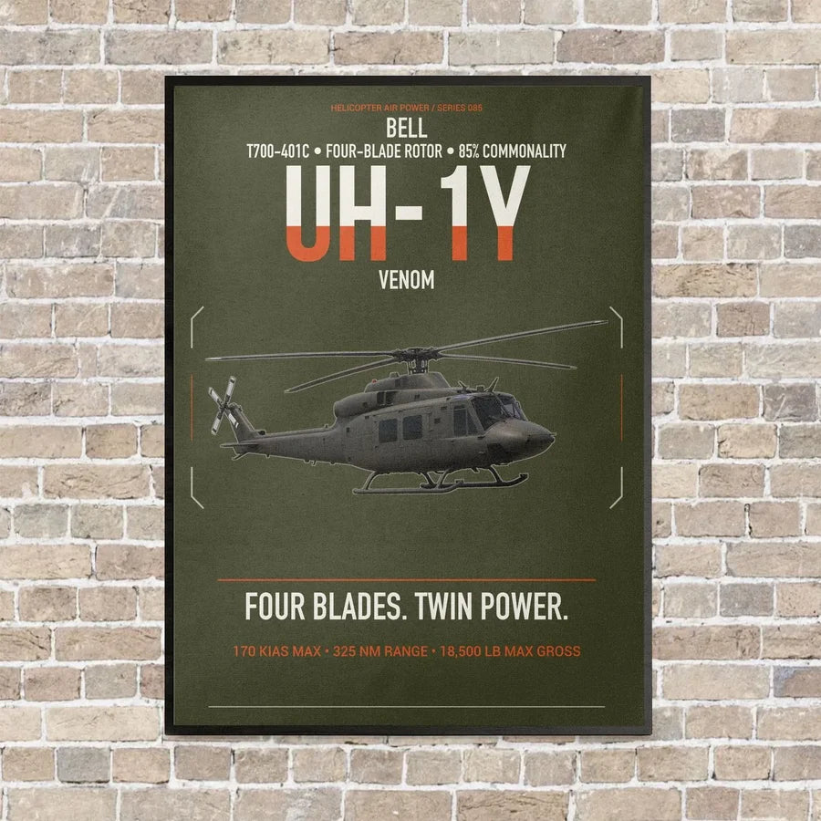 Bell UH-1Y Venom vertical canvas print - framed - green army background