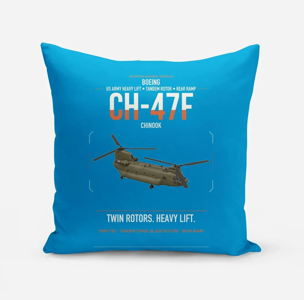 Boeing CH-47F Chinook design on turquoise pillow