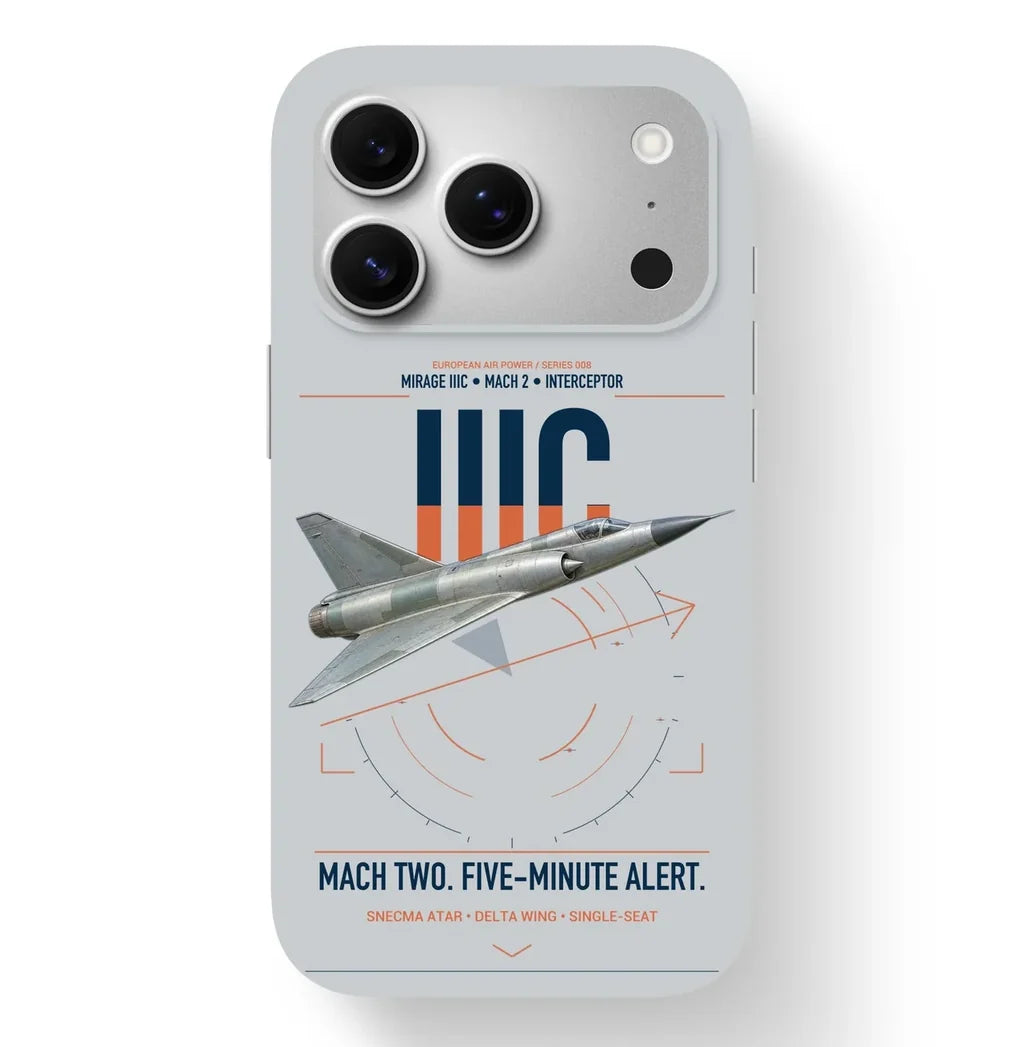 Dassault Mirage IIIC design on light gray magsafe iphone case, for iPhone 17 Pro