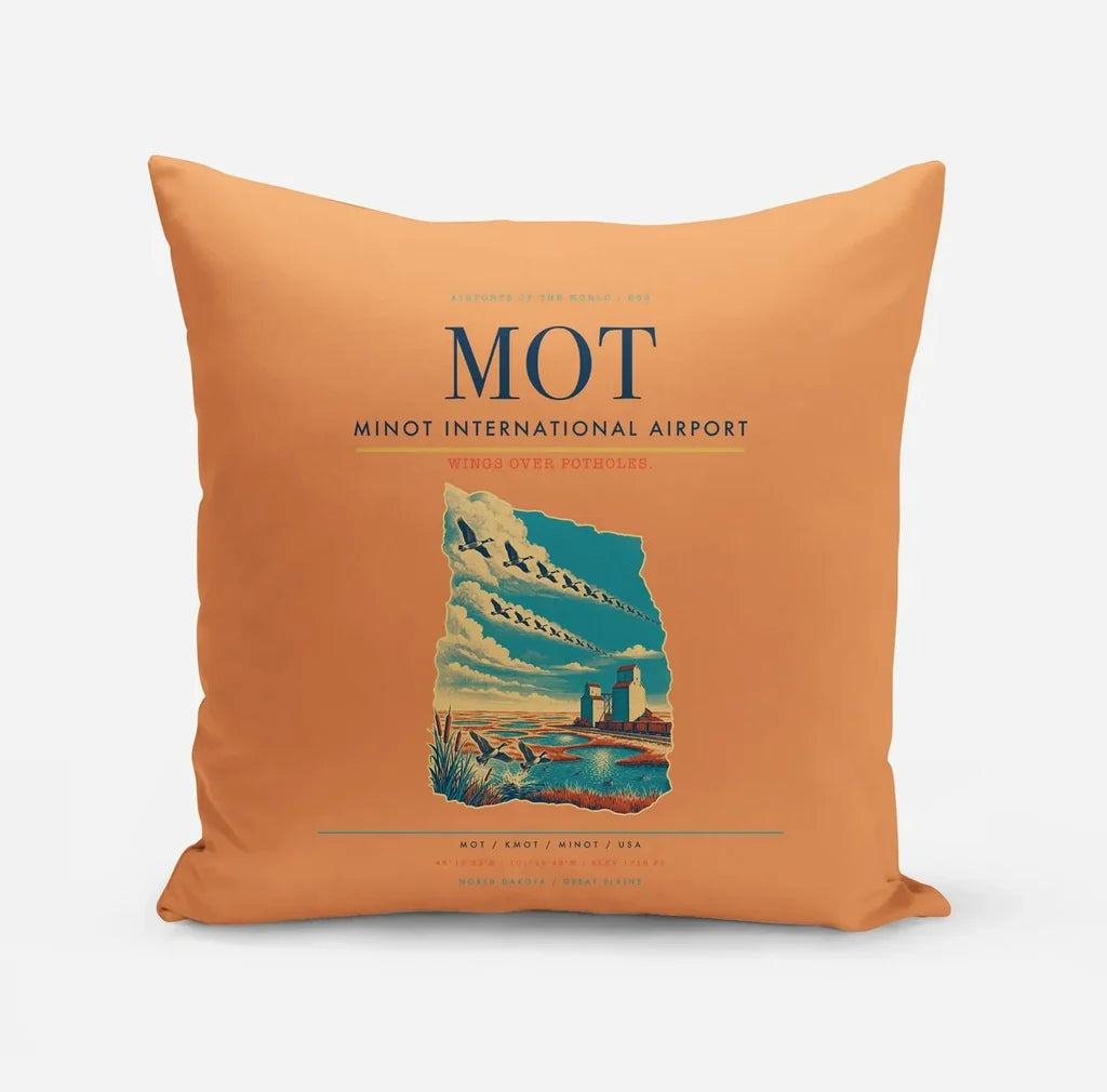Minot International Airport (MOT) design on orange pillow